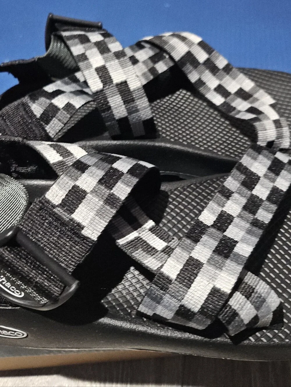 Classic Men's Black Sandals with Gray Checkered Straps